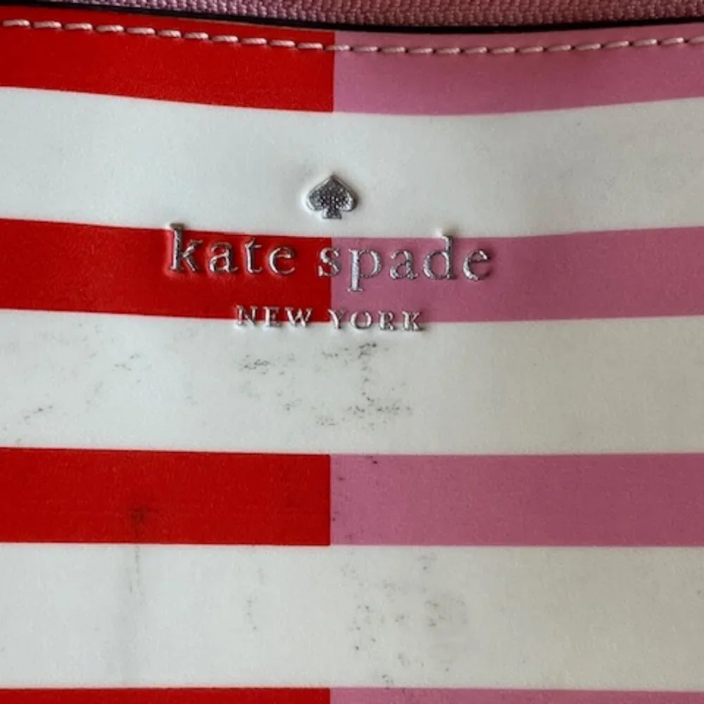 KATE SPADE New York Zina Red Pink White Stripe Large Coated Canvas Tote …